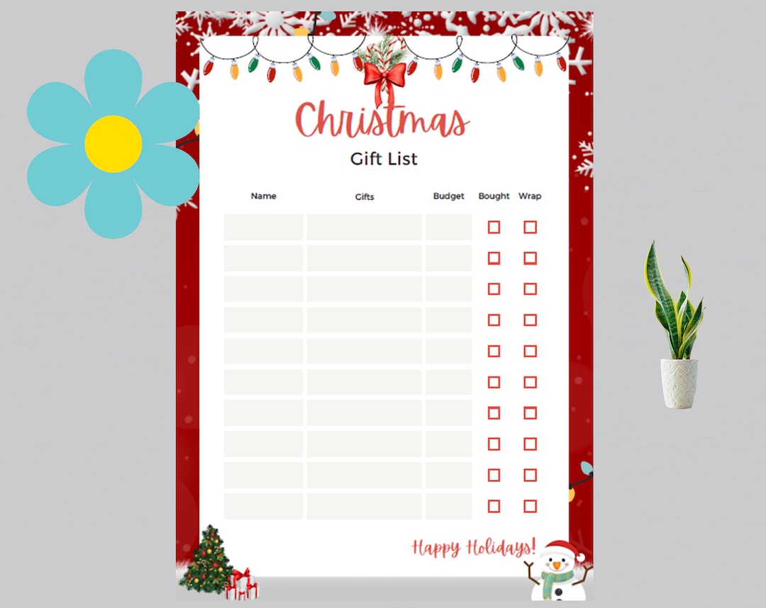 Christmas Gift List Editable Fillable PDF Christmas Printable Holiday
