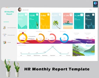 May include: A colorful HR monthly report template with charts and graphs showing data for employment, attendance, sick leaves, total expenses, and total overtime. The report includes a title, "HR Monthly Report Template", and a date, "Nov".