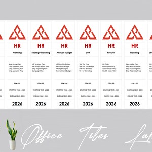 Puede incluir: Un gráfico con un logotipo de triángulo rojo que dice "HR" y enumera diferentes políticas y planes de RR. HH. para el año 2026. El gráfico está dividido en ocho secciones, cada una con un título y una descripción diferentes. Los títulos incluyen "Políticas", "Planificación", "Planificación estratégica", "Presupuesto anual", "SOP", "Políticas", "Planificación" y "Planificación estratégica". Las descripciones incluyen políticas y planes de RR. HH. específicos, como "Política de RR. HH.", "Política de empleados", "Política de asistencia", "Política de atención médica", "Nuevo plan de contratación", "Plan de evaluación de empleados", "Plan de capacitación de empleados", "Programa de evaluación de empleados", "Plan de estrategia de RR. HH.", "Gestión de modificaciones de RR. HH.", "Plan de mejora de empleados", "Gestión de campañas", "Presupuesto mensual de RR. HH.", "Presupuesto del departamento de RR. HH.", "Presupuesto de reclutamiento", "SOP para empleados", "SOP para la alta dirección", "SOP para trabajadores", "SP para taller", "Política de RR. HH.", "Política de empleados", "Política de asistencia", "Política de atención médica", "Nuevo plan de contratación", "Plan de evaluación de empleados", "Plan de capacitación de empleados", "Programa de evaluación de empleados", "Plan de estrategia de RR. HH.", "Plan de modificaciones de RR. HH.", "Plan de mejora de empleados", "Plan de campaña".