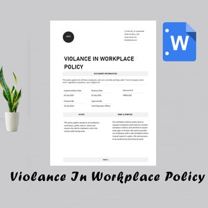 Może przedstawiać: Czarno-biały dokument zatytułowany "Violence in Workplace Policy" z sekcjami informacji o dokumencie, zakresem i krótkim opisem i celem. Dokument jest dokumentem Word.