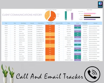 May include: A spreadsheet with a chart showing the communication approach used for client outreach. The chart shows that 12 calls were made and 1 email was sent. The spreadsheet also includes a table with columns for date, time, client name, phone number, email address, communication approach, answered, status, priority, responsible individual, and remarks.