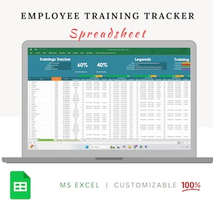 Könnte beinhalten: Ein Laptop-Bildschirm zeigt eine Tabellenkalkulation mit dem Titel "Employee Training Tracker". Die Tabellenkalkulation hat ein grün-weißes Farbschema und enthält eine Fortschrittsanzeige, die 60% und 40% anzeigt. Der Text "MS EXCEL | CUSTOMIZABLE 100%" wird unter dem Laptop angezeigt.