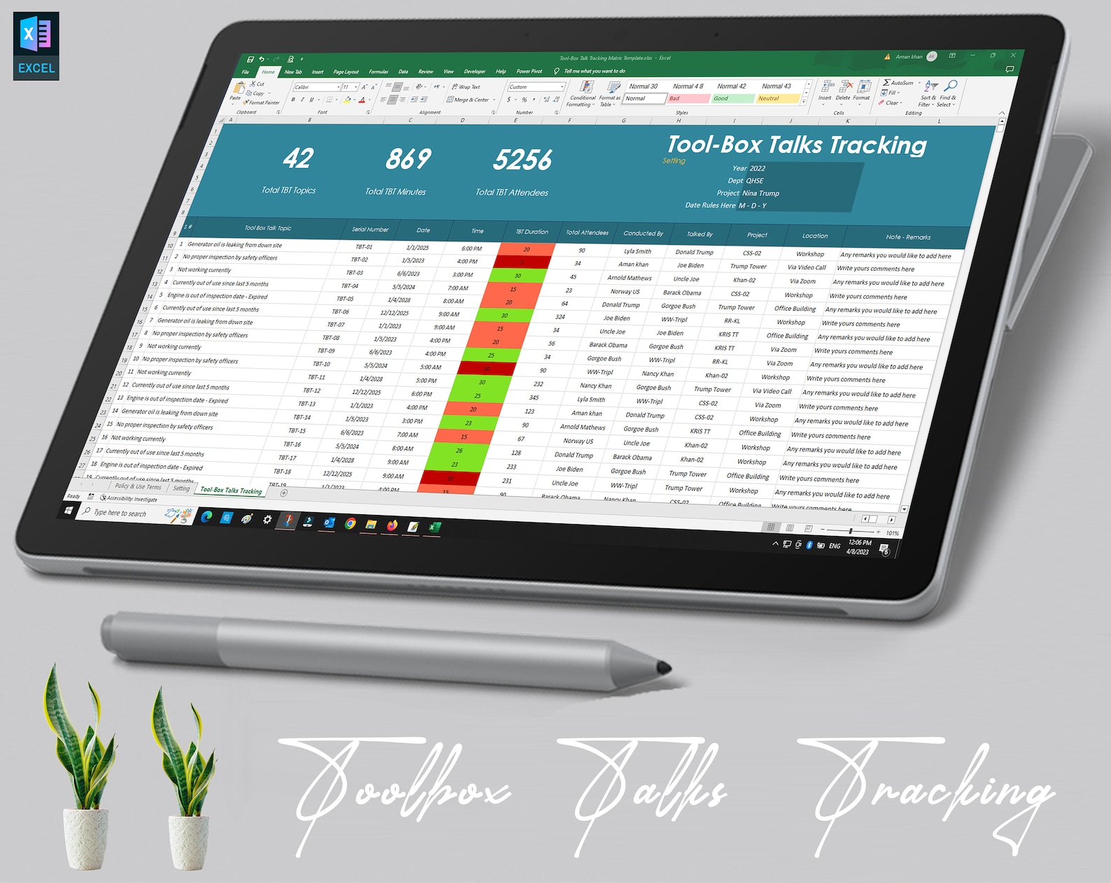 Safety Toolbox Talks Meeting Tracking Matrix Template | Health and ...