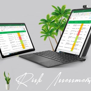 May include: A laptop computer with a spreadsheet open on the screen. The spreadsheet is titled "Risk Assessment" and has a green, yellow, and red color scheme. The laptop is on a gray keyboard and there are two potted plants in the foreground.