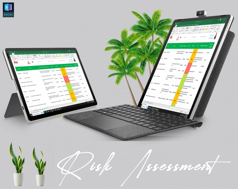 May include: A laptop computer with a spreadsheet open on the screen. The spreadsheet is titled "Risk Assessment" and has a green, yellow, and red color scheme. The laptop is on a gray keyboard and there are two potted plants in the foreground.