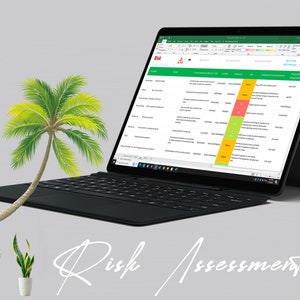 May include: A laptop computer with a black keyboard and a green, red, and yellow color-coded risk assessment spreadsheet open on the screen. The text "Risk Assessment" is written in white cursive on a gray background.