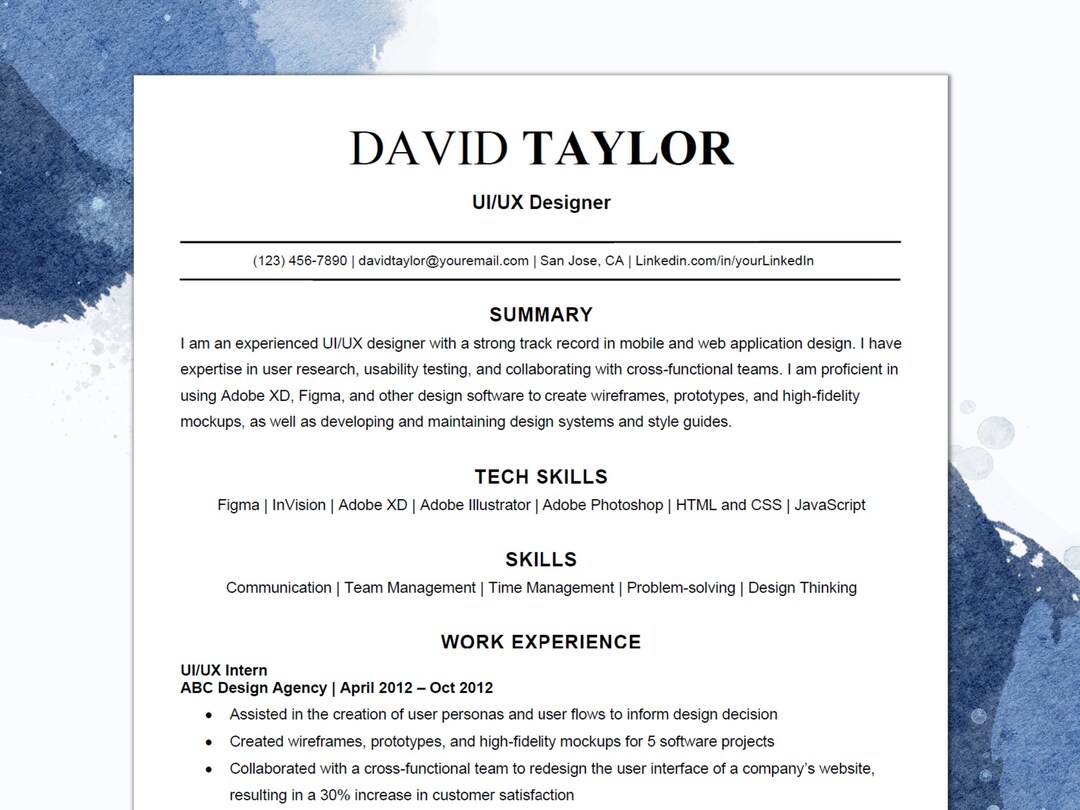 Ui/ux Designer Resume Template, ATS Friendly Resume Template for Word ...