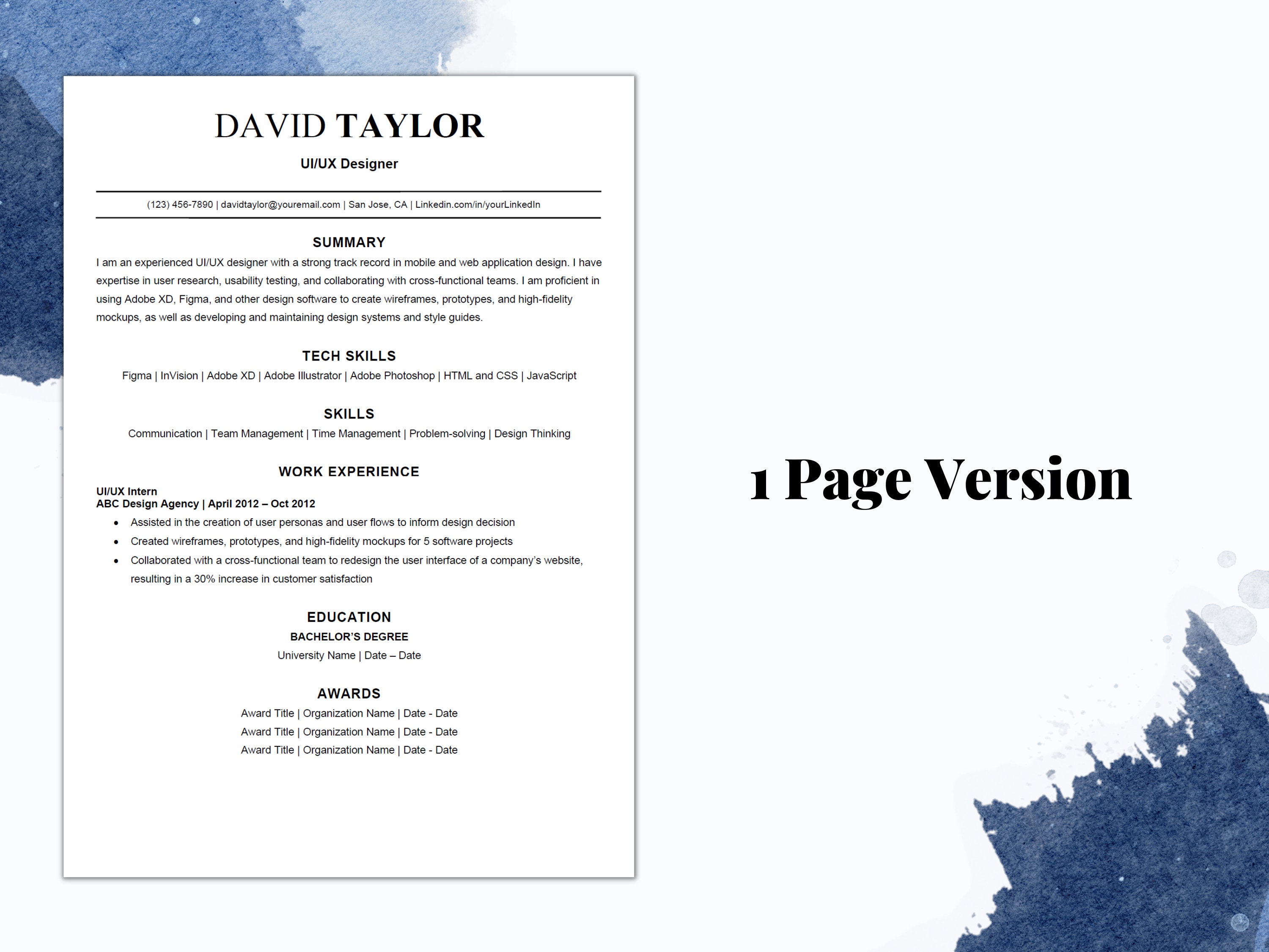 Ui/ux Designer Resume Template, ATS Friendly Resume Template for Word ...
