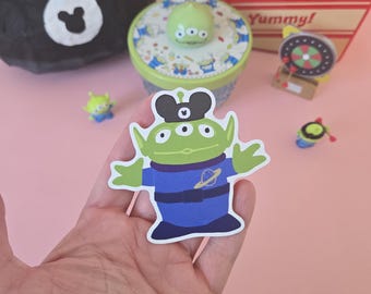 Theme Park Little Green Alien Pizza Planet With Mouse Ears Die-Cut Stickers