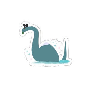 May include: A teal blue cartoon Nessie with a black Mickey Mouse hat and green seaweed in its mouth. The Nessie is in a body of water with pink and blue sparkles.