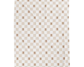 Cozy Cookie Checker Velveteen Plush Blanket | 50 x 60 WDW Inspired Christmas Blanket W Mouse Gingerbread & Beige Checkers