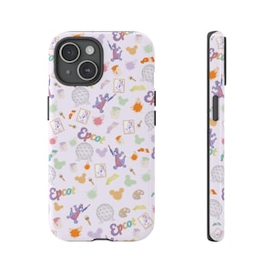 May include: A white iPhone case featuring a repeating pattern of a purple dragon, paint splatters, and the word "Epcot" in colorful lettering. The case also includes images of a globe and a paint palette.
