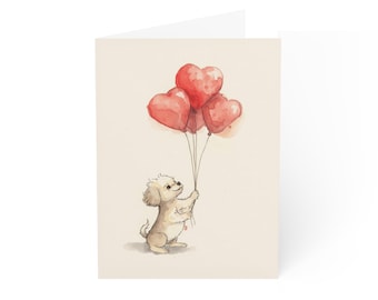 Dog Holding Heart Balloons Valentine's Day Card Set of 1 | Dog Lover Valentine's Day Card
