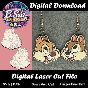 May include: A digital laser cut file for earrings featuring the cartoon chipmunk characters Chip and Dale. The set includes two uncolored wooden outlines and two finished, colored wooden earring dangles with metal hooks. Text includes Digital Download, Digital Laser Cut File, SVG, DXF, Score then Cut, and Guagna Color Card.