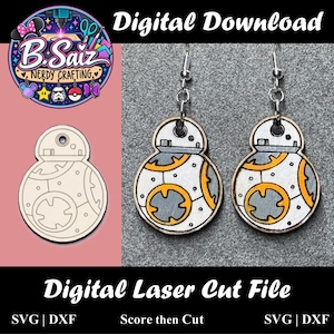 May include: A pair of dangling earrings shaped like a spherical robot with white, orange, and grey details, featuring silver-toned metal hooks. Beside them is a single unpainted wooden cutout of the same robot design, labelled as a digital download.