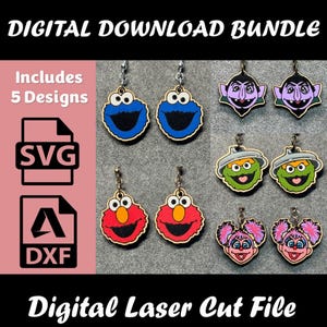 May include: A digital download bundle of five laser cut file designs for earrings featuring colorful character faces including blue, red, purple, green, and pink. The text reads DIGITAL DOWNLOAD BUNDLE, Includes 5 Designs, SVG, DXF, and Digital Laser Cut File.