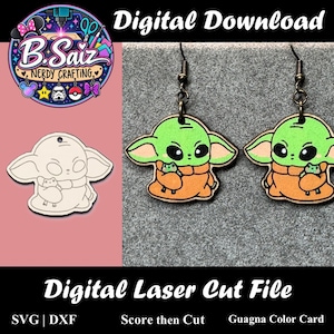 May include: A pair of dangling earrings featuring a green and orange character holding a small green frog, accompanied by a matching uncolored outline version. The design includes dark metal hooks and is presented as a digital laser cut file.