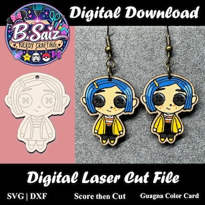 May include: A pair of wooden earrings featuring a cartoon character with blue hair, button eyes, a yellow jacket, and a striped shirt, alongside a matching unpainted wooden cutout and a logo with the text B. Saiz Nerdy Crafting Digital Download.