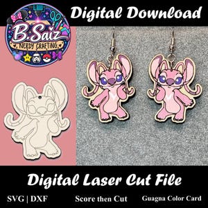 May include: A pair of dangle earrings featuring a pink character with large ears and purple eyes, alongside a matching uncolored wooden cutout. The image includes a logo for B. Saiz Nerdy Crafting and text indicating a digital laser cut file for SVG and DXF formats.
