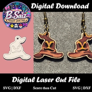 May include: A pair of dangling earrings shaped like a brown, weathered wizard hat with a pointed top and a wide, folded brim. The earrings feature dark brown accents and are suspended from bronze-toned metal hooks. A plain white cutout version is also shown.