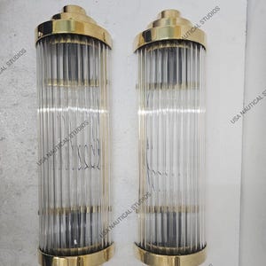 Pair Vintage Art Deco Nickel Brass & Glass Rod Ship Light Wall Sconces Lamp
