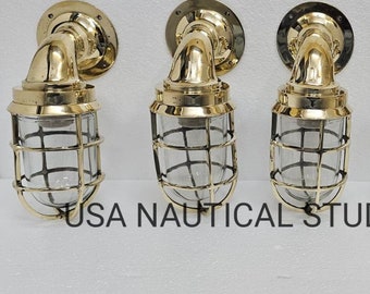 Lámpara de pared industrial estilo retro vintage con mamparo en forma de jaula, lámpara de barco de latón dorado