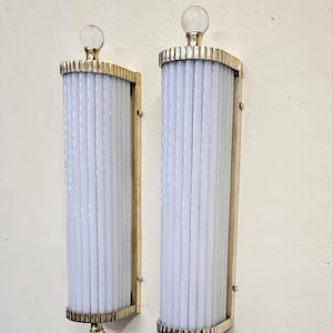 Pair of Art Deco Rod Glass Wall Sconces: Vintage Brass Interior Lighting
