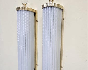 Pair of Art Deco Rod Glass Wall Sconces: Vintage Brass Interior Lighting