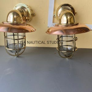 Vintage Brass Salvaged Bulkhead Light with Copper Shade and Junction Box | Nautical Wall-Mounted Accent Light