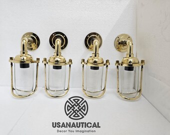 Vintage Brass Nautical Wall Light – Restored Marine Cage Sconce with Glass Globe