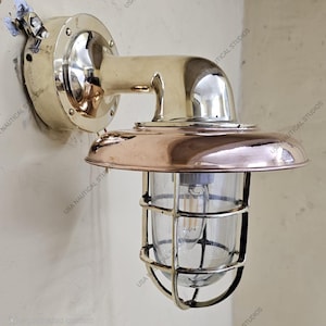 Nautical Bulkhead Brass Wall Light with Copper Shade & Cage Sconce