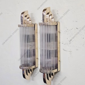 Pair Art Deco Brass Wall Sconces With Glass Rods – Vintage Style Luxury Wall Lights