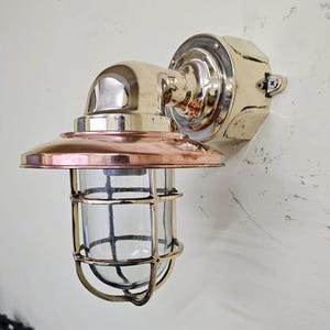 Vintage Nautical Brass Wall Sconce – Copper Shade Marine Cage Light for Home & Outdoor Decor