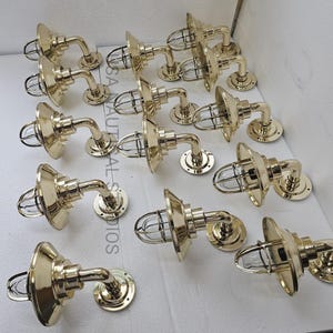 Vintage Brass Nautical Wall Sconce Light - Industrial Marine Cage Lamp Set of 15