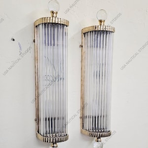 Pair of Vintage Brass Wall Sconces with Rod Glass – Art Deco Flame Style Wall Lights