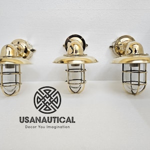 Nautical Brass Bulkhead Passageway Wall Light with Shade & Junction Box - Maritime Fixture - Set of 3