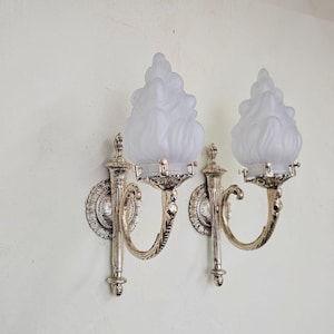Pair of Vintage Brass Wall Sconce – Ornate Flame Glass Shade Antique Lights