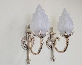 Pair of Vintage Brass Wall Sconce – Ornate Flame Glass Shade Antique Lights