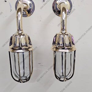 Set of 2 Vintage Brass Nautical Cage Wall Sconces – Marine Bulkhead Ship Lights