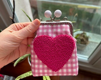 Pink Heart Punch Needle Purse, Handmade Embroidered Purse , Kiss Lock Coin Purse, Handmade Card And Coin Holders