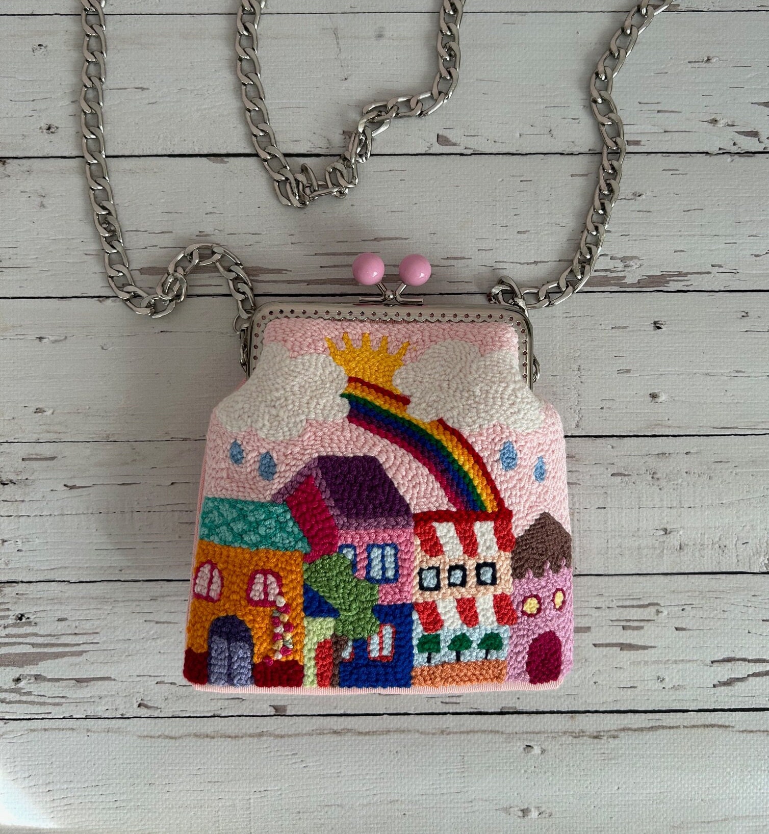 Fresh Look at Houses Handmade Embroidered Bag Punch Needle Crossbody Bag Unique