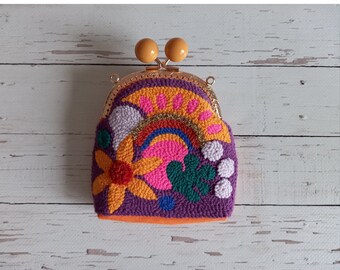 Handmade Embroidered Purse, Personilised Kiss Lock Coin Pouch, Punch Needle Purse, Card And Coin Holders, Unique Gift For Mom
