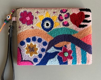 Soft Colors Punch Needle Clutch Bag, Handmade Embroidered Clutch Bag, Personilised Hand Bag, Unique Gift For Mom