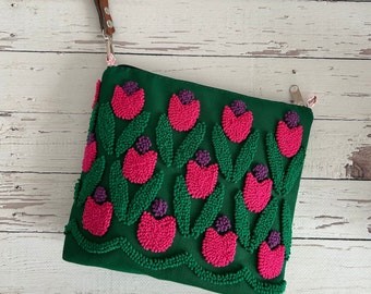 Tulip Punch Needle Clutch Bag, Handmade Embroidered Makeup Bag, Personilised Hand Bag, Unique Gift For Mom