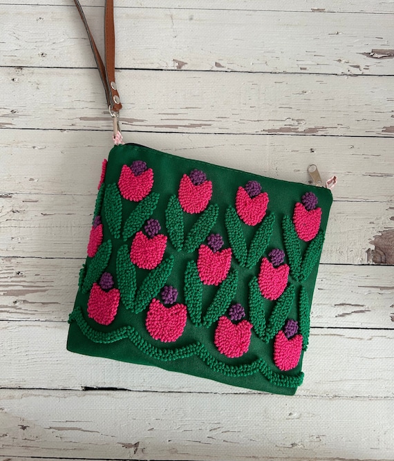 Tulip Punch Needle Clutch Bag, Handmade Embroidered Makeup Bag
