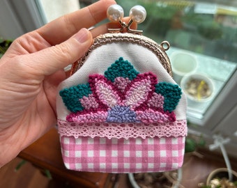 Pink Flower Punch Needle Purse, Handmade Embroidered Purse , Kiss Lock Coin Purse, Handmade Card And Coin Holders