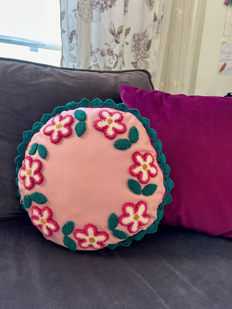 Double Side Crochet Punch Needle Pillow Cover, Crochet Pillow Cover, Decorative Pillow, Handmade Embroidered Cushion Cover, Fun Home Decor image 3