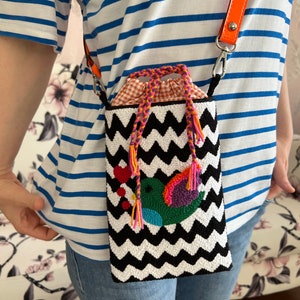 Bird Handmade Phone, Embroidered Bag, Punch Needle Crossbody Bag, Unique Gift For Her,