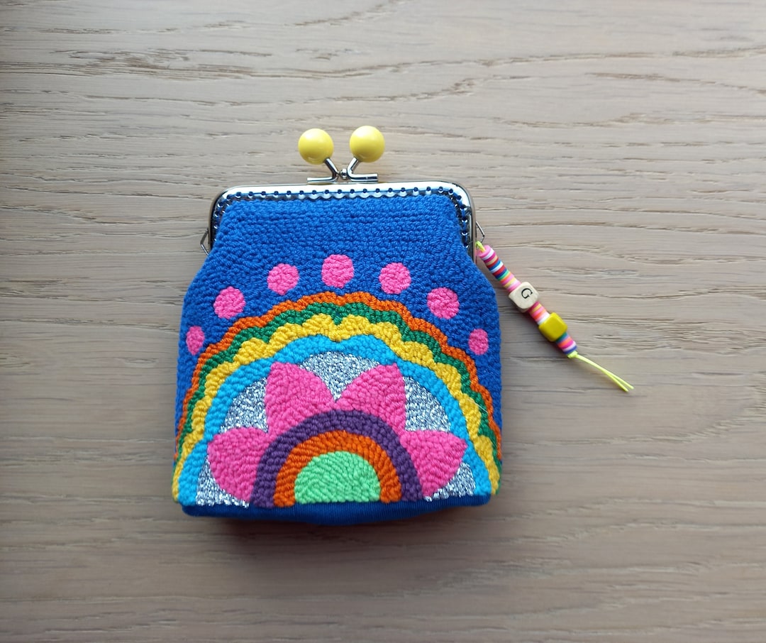Blue Punch Needle Purse, Handmade Embroidered Bag , Valentine's Day