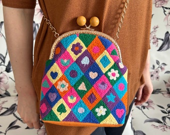 Colorful Handmade Embroidered Bag, Punch Needle Crossbody Bag, Unique Gift For Mom